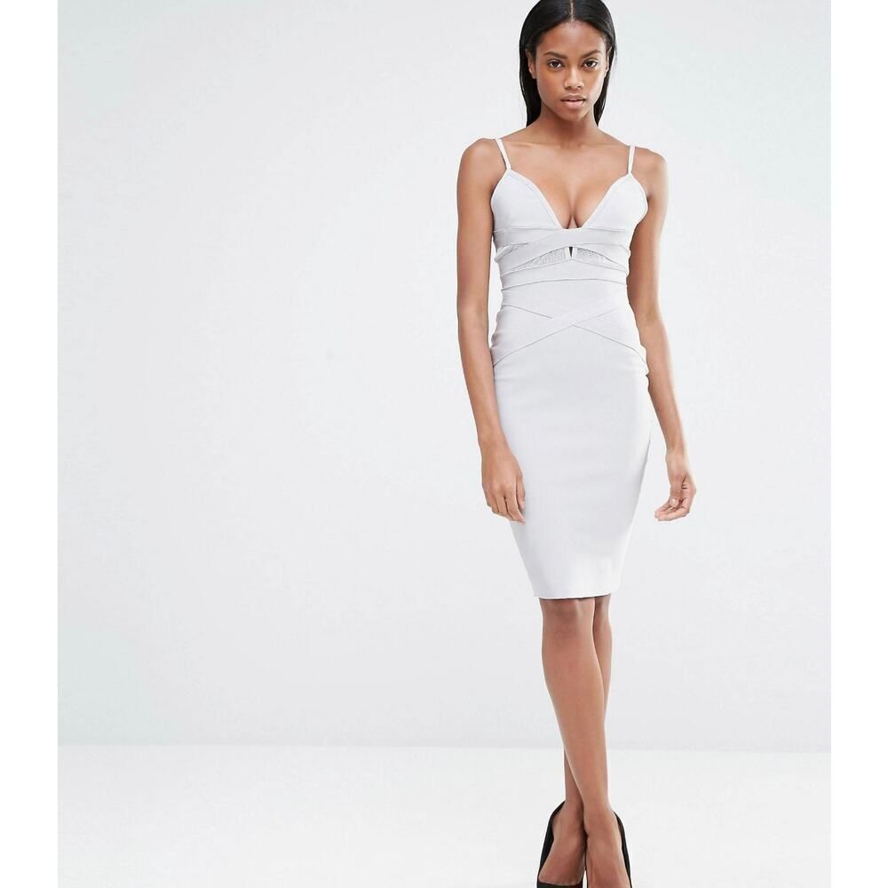 Missguided Midi Dress Women's Size 12 Ice Gray  Bandage Strappy Mesh Insert NWT